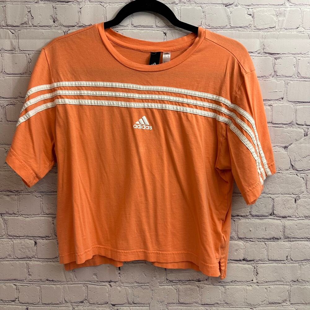 Adidas Coral Orange Boxy Tee Tri Stripe Sleeves Women's Small Oversized